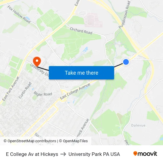 E College Av at Hickeys to University Park PA USA map