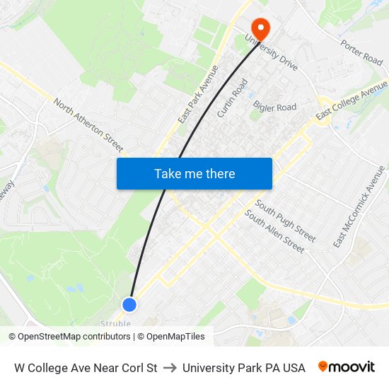 W College Ave Near Corl St to University Park PA USA map