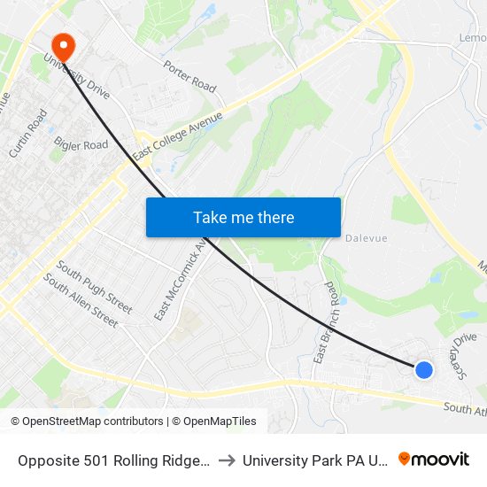 Opposite 501 Rolling Ridge Dr to University Park PA USA map