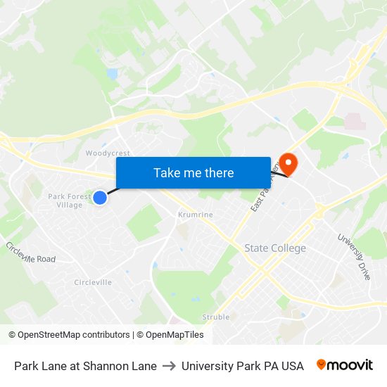 Park Lane at Shannon Lane to University Park PA USA map