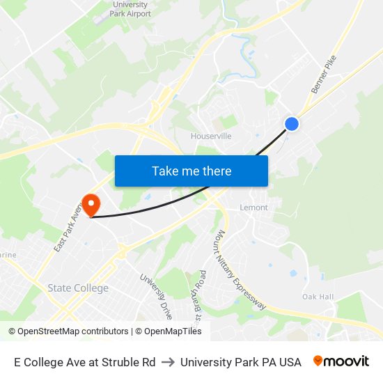 E College Ave at Struble Rd to University Park PA USA map