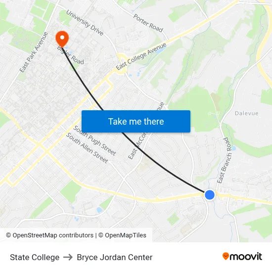 State College to Bryce Jordan Center map