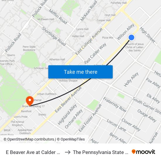 E Beaver Ave at Calder Commons to The Pennsylvania State University map