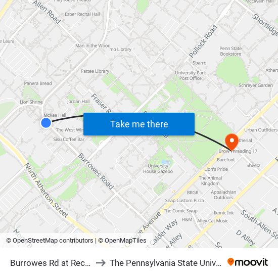 Burrowes Rd at Rec Hall to The Pennsylvania State University map