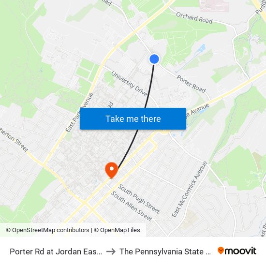 Porter Rd at Jordan East Parking to The Pennsylvania State University map