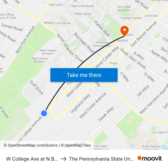 W College Ave at N Butz St to The Pennsylvania State University map