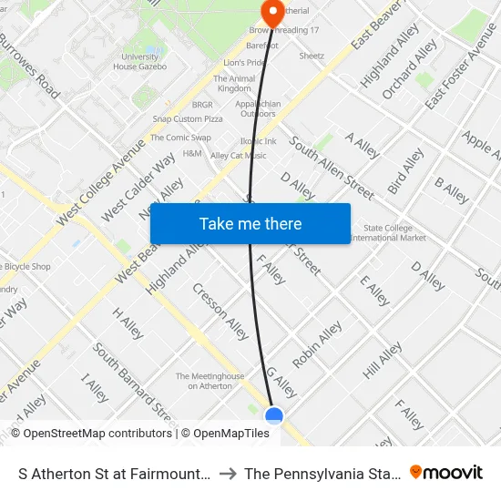 S Atherton St at Fairmount Ave Outbound to The Pennsylvania State University map