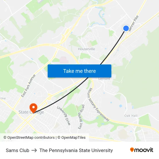 Sams Club to The Pennsylvania State University map
