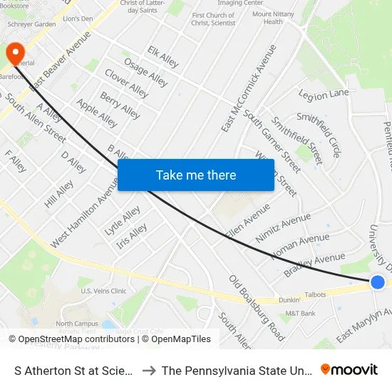 S Atherton St at Science St to The Pennsylvania State University map