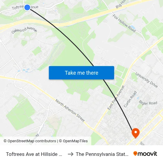 Toftrees Ave at Hillside And Fox Run to The Pennsylvania State University map