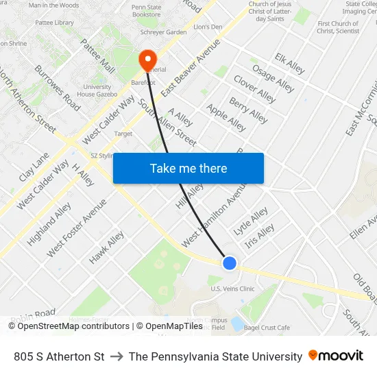 805 S Atherton St to The Pennsylvania State University map