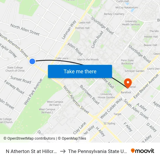 N Atherton St at Hillcrest Ave to The Pennsylvania State University map