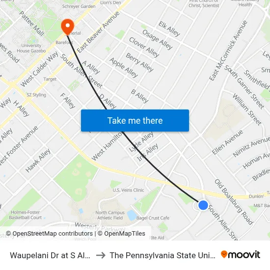 Waupelani Dr at S Allen St to The Pennsylvania State University map