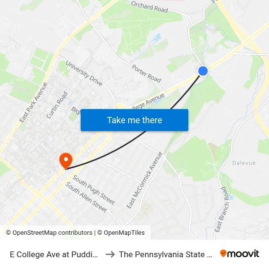 E College Ave at Puddintown Rd to The Pennsylvania State University map