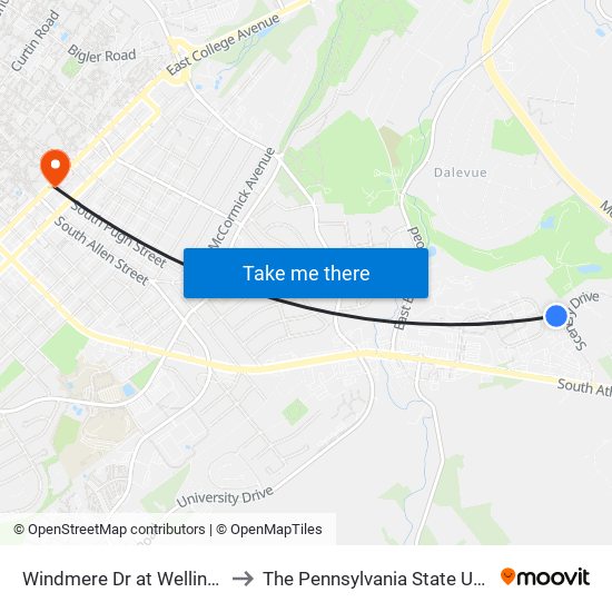 Windmere Dr at Wellington Dr to The Pennsylvania State University map