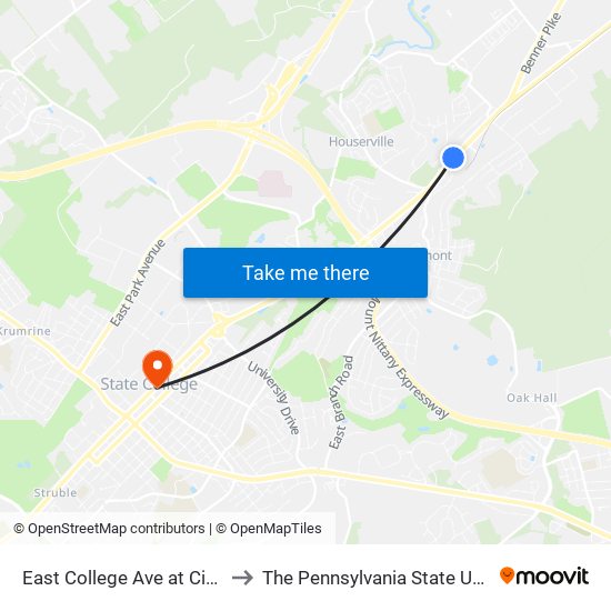 East College Ave at Citi Clean to The Pennsylvania State University map