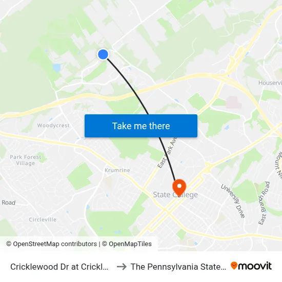 Cricklewood Dr at Cricklewood Apts to The Pennsylvania State University map