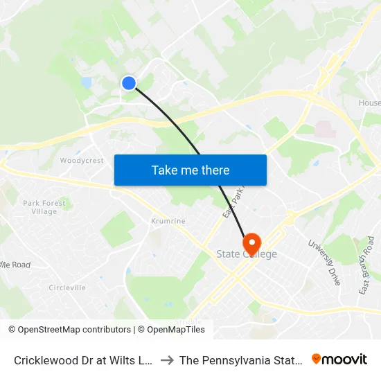 Cricklewood Dr at Wilts Lane Inbound to The Pennsylvania State University map