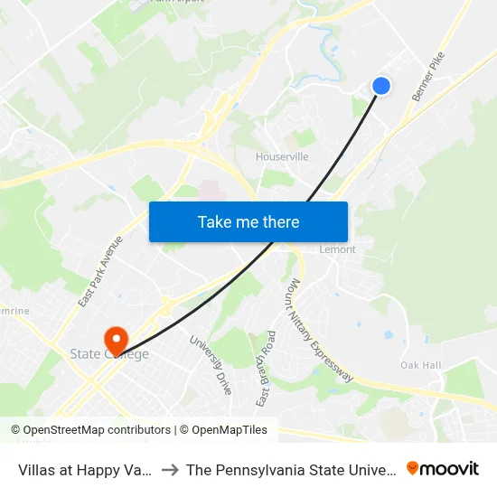 Villas at Happy Valley to The Pennsylvania State University map