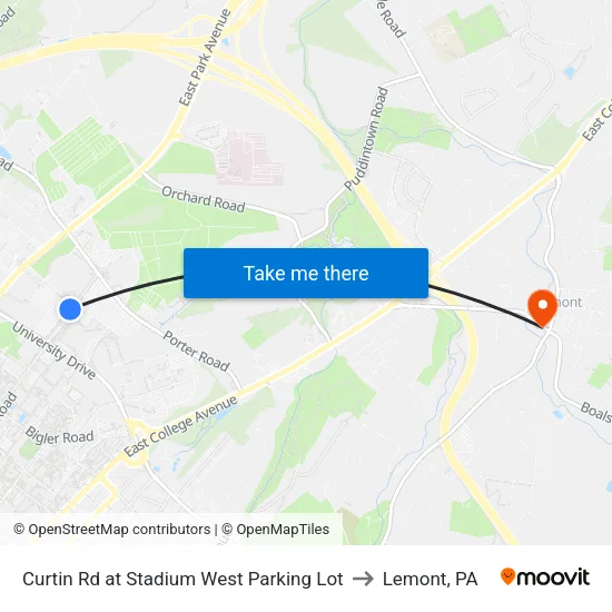 Curtin Rd at Stadium West Parking Lot to Lemont, PA map