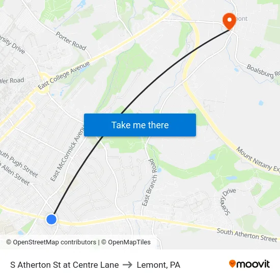 S Atherton St at Centre Lane to Lemont, PA map