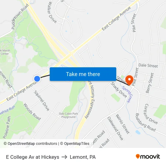 E College Av at Hickeys to Lemont, PA map