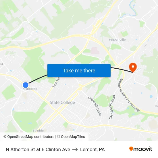 N Atherton St at E Clinton Ave to Lemont, PA map