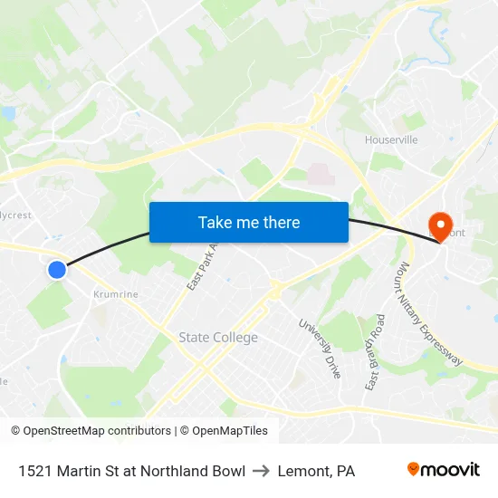 1521 Martin St at Northland Bowl to Lemont, PA map