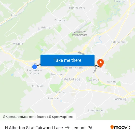 N Atherton St at Fairwood Lane to Lemont, PA map