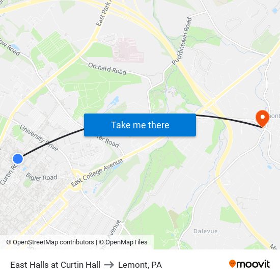 East Halls at Curtin Hall to Lemont, PA map