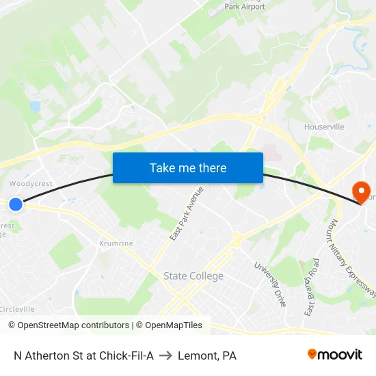 N Atherton St at Chick-Fil-A to Lemont, PA map