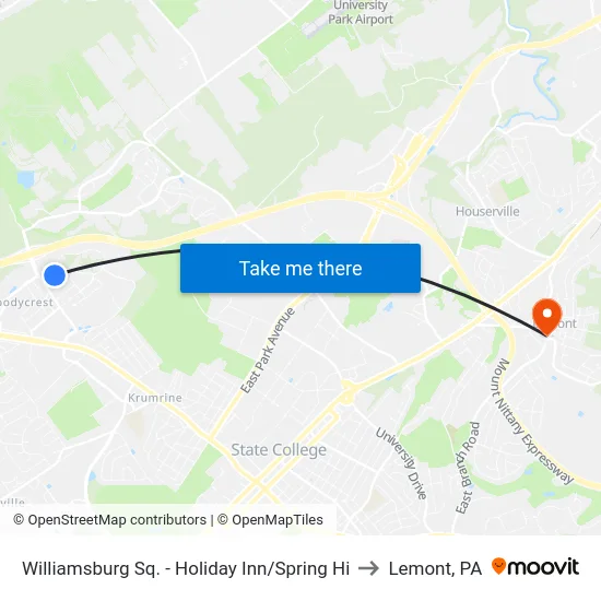 Williamsburg Sq. - Holiday Inn/Spring Hi to Lemont, PA map