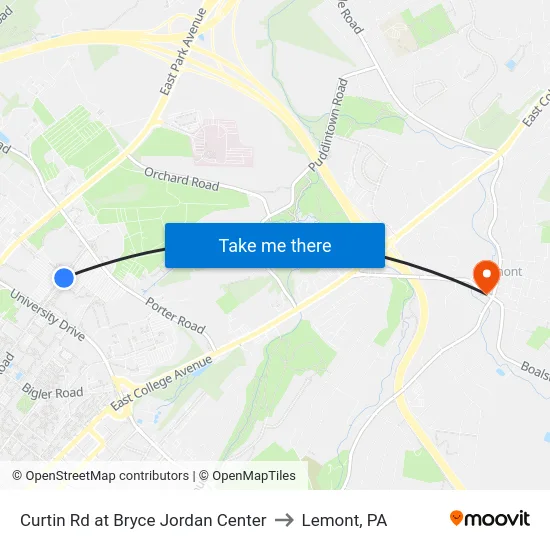 Curtin Rd at Bryce Jordan Center to Lemont, PA map