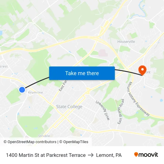 1400 Martin St at Parkcrest Terrace to Lemont, PA map