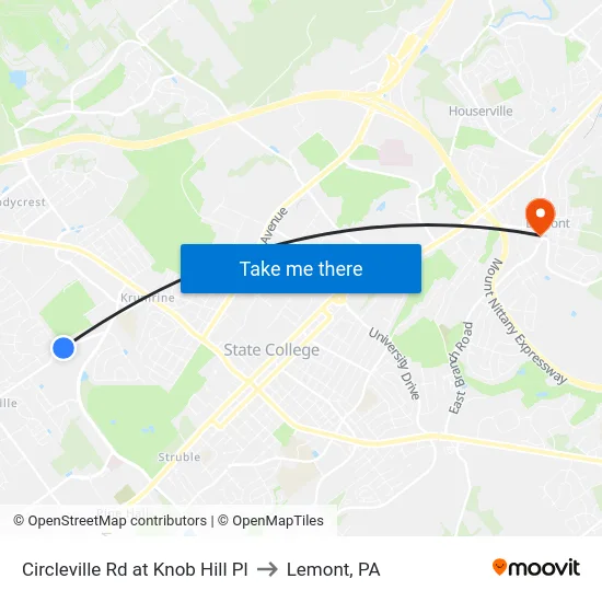 Circleville Rd at Knob Hill Pl to Lemont, PA map