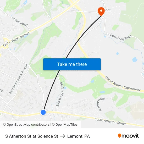 S Atherton St at Science St to Lemont, PA map