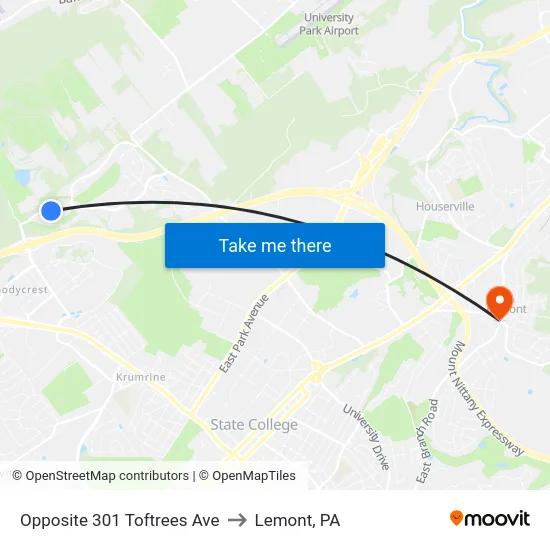Opposite 301 Toftrees Ave to Lemont, PA map