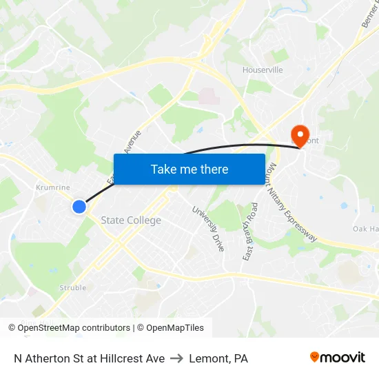 N Atherton St at Hillcrest Ave to Lemont, PA map