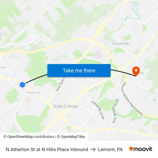 N Atherton St at N Hills Place Inbound to Lemont, PA map