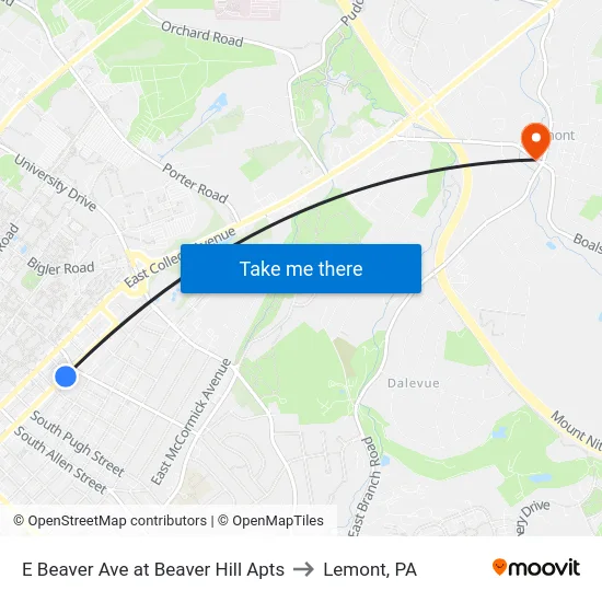 E Beaver Ave at Beaver Hill Apts to Lemont, PA map
