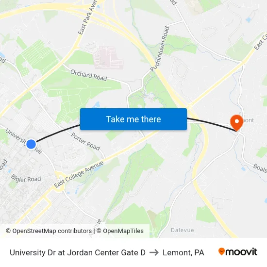 University Dr at Jordan Center Gate D to Lemont, PA map