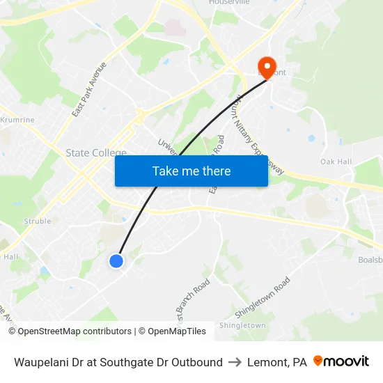 Waupelani Dr at Southgate Dr Outbound to Lemont, PA map
