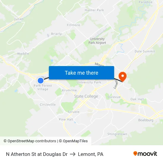 N Atherton St at Douglas Dr to Lemont, PA map