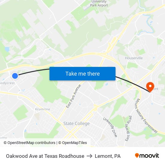 Oakwood Ave at Texas Roadhouse to Lemont, PA map