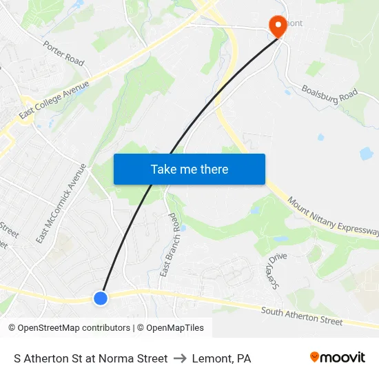 S Atherton St at Norma Street to Lemont, PA map