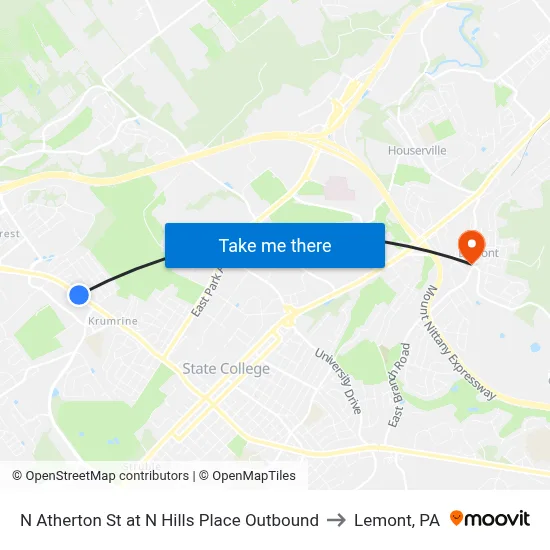 N Atherton St at N Hills Place Outbound to Lemont, PA map