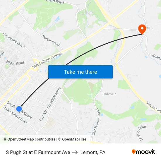 S Pugh St at E Fairmount Ave to Lemont, PA map