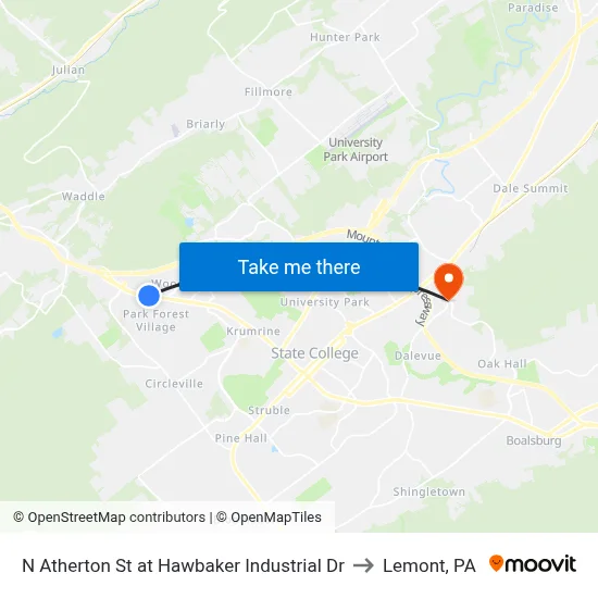 N Atherton St at Hawbaker Industrial Dr to Lemont, PA map
