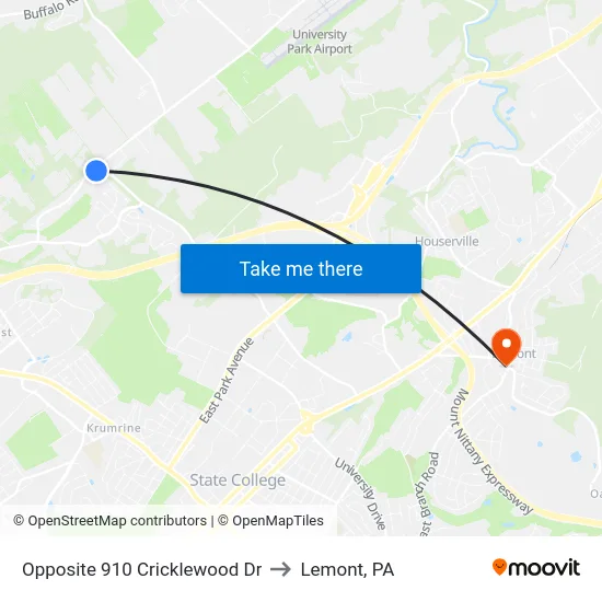Opposite 910 Cricklewood Dr to Lemont, PA map
