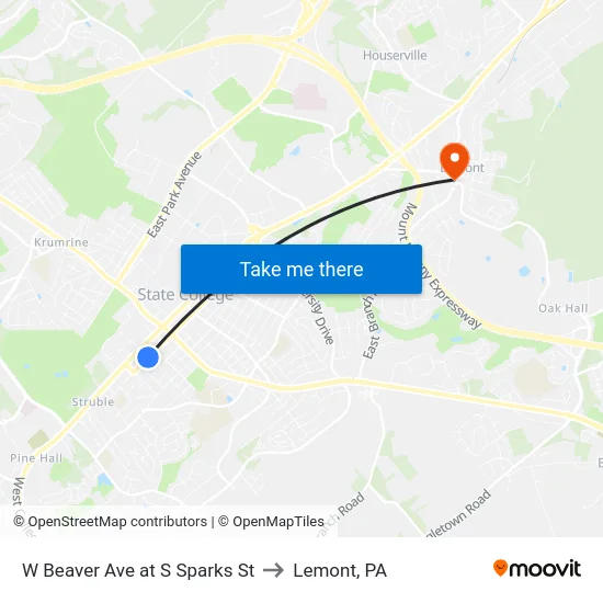 W Beaver Ave at S Sparks St to Lemont, PA map